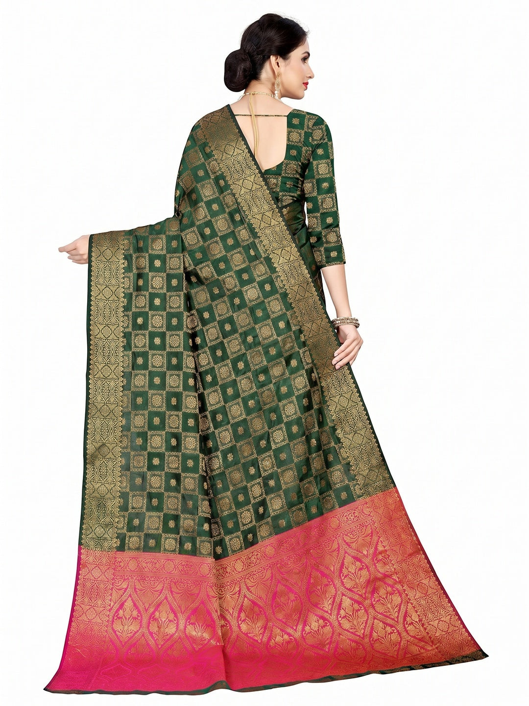 Green Floral Woven Jacquard Saree - Image 2