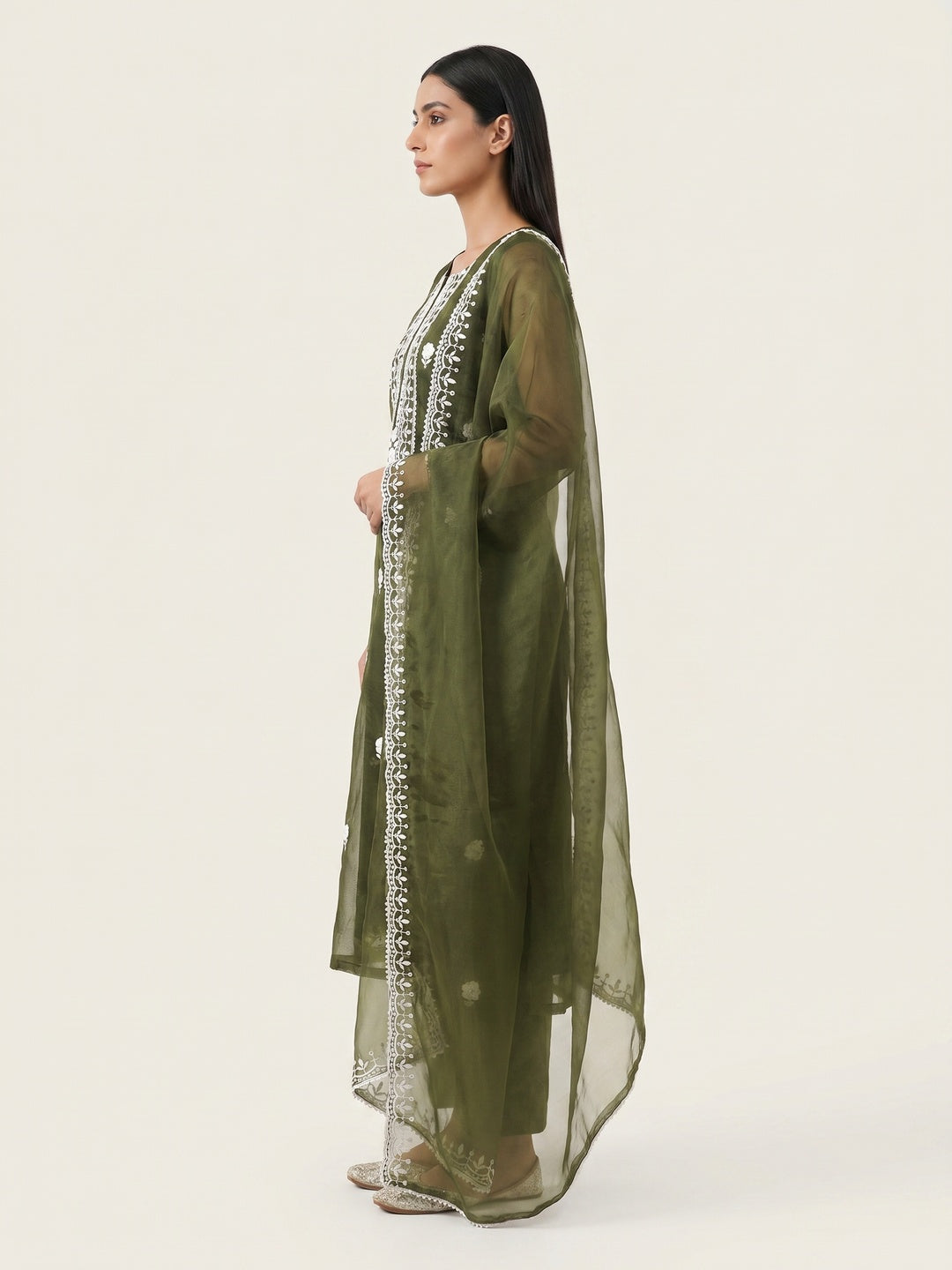Mehendi Green Floral Embroidered Organza Dress Material - Image 2