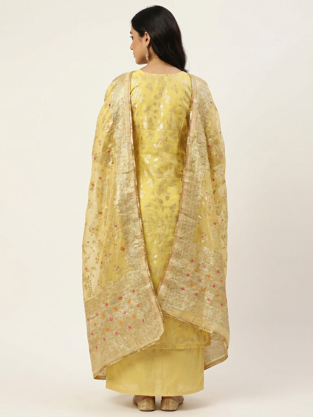 Yellow Floral Woven Chanderi Silk Dress Material - Image 2