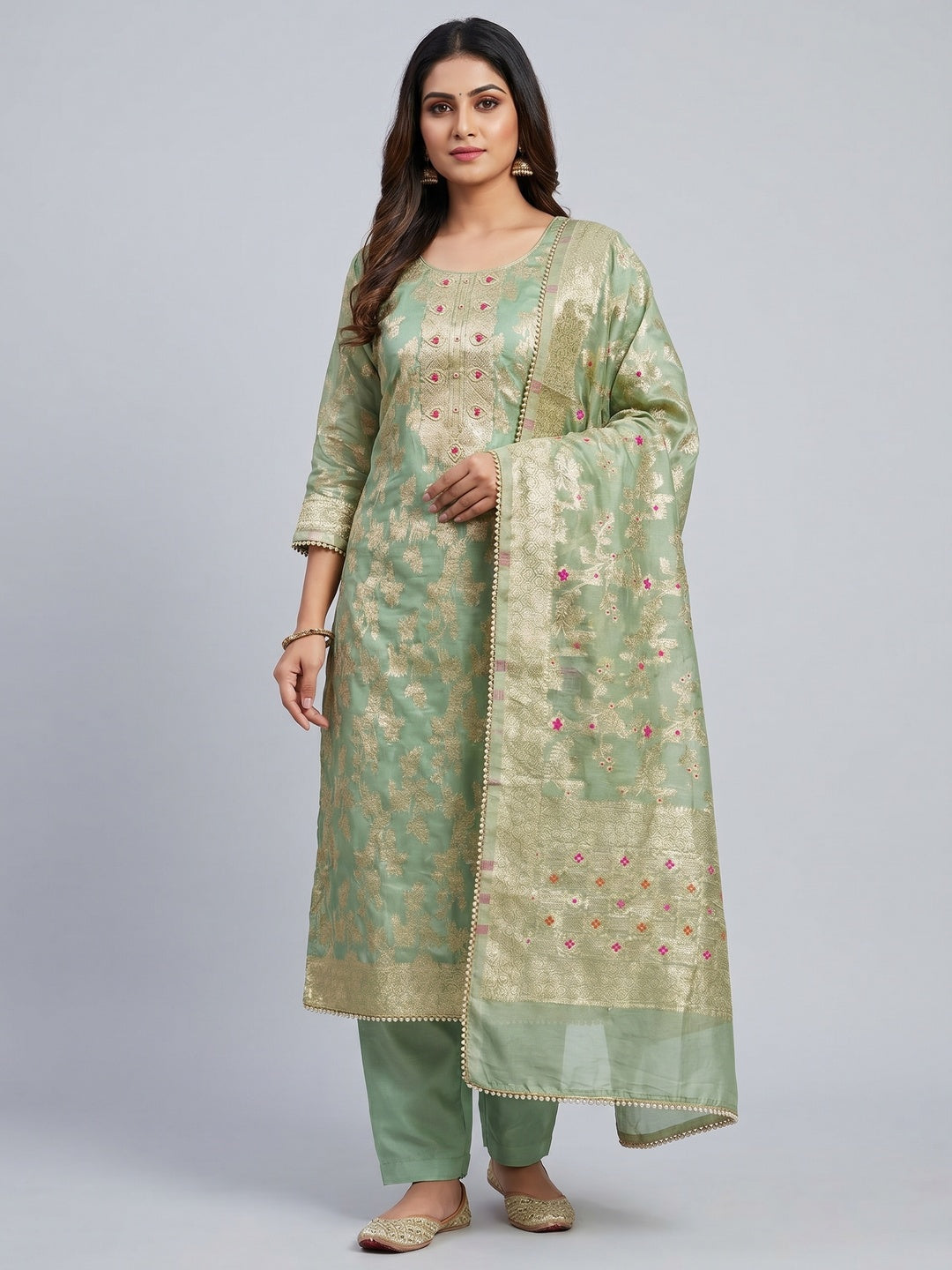 Green Floral Woven Chanderi Silk Dress Material - Image 1