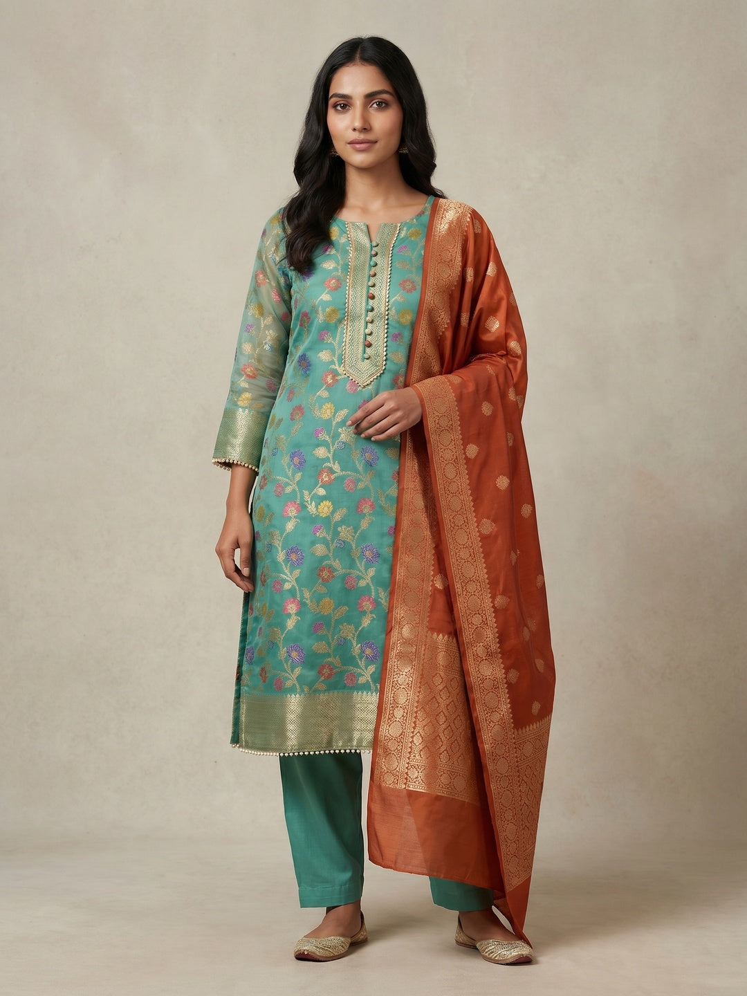 Sea Green Floral Printed Organza Dress Material - Image 1