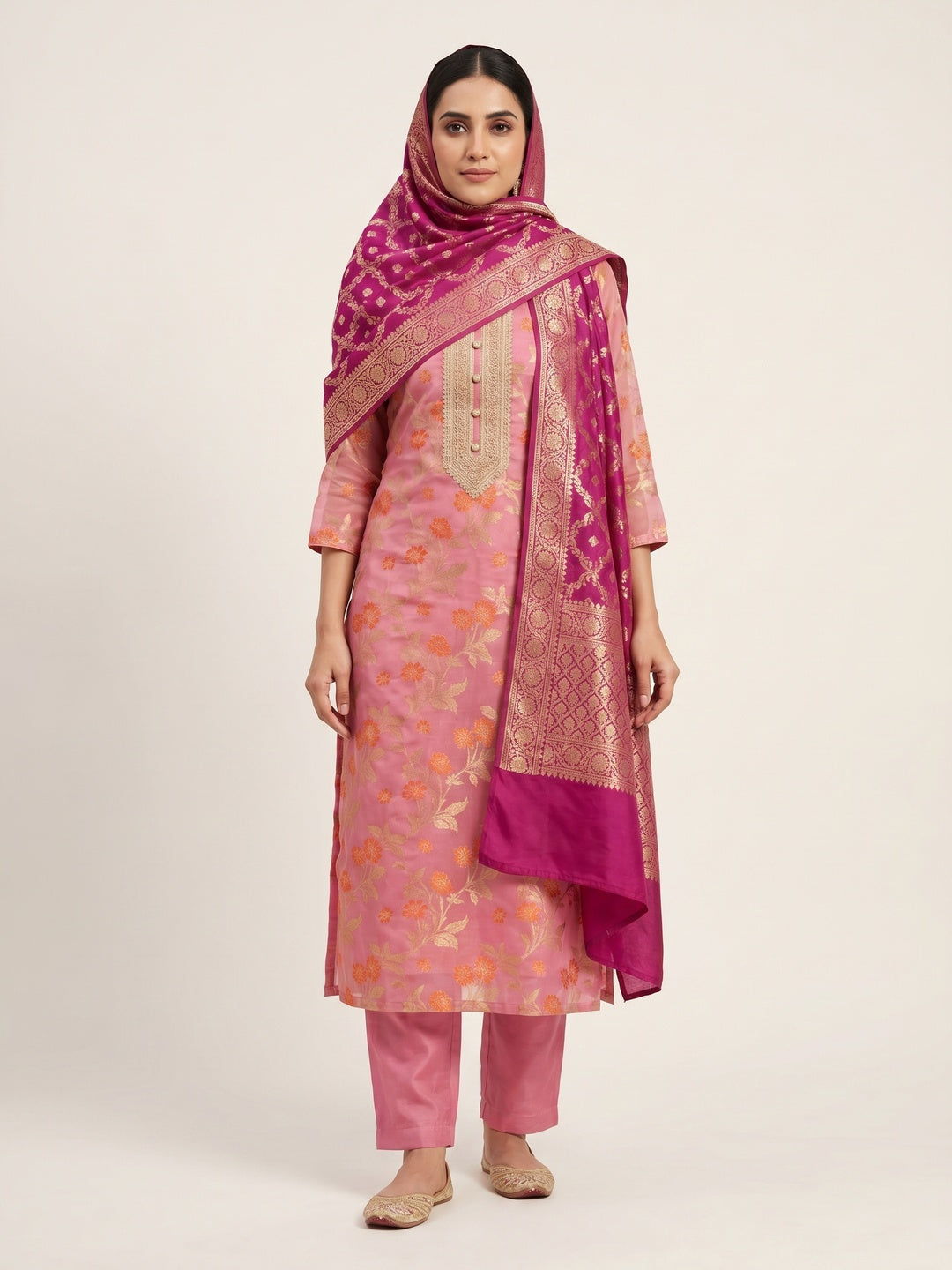 Pink Floral Printed Organza Dress Material - Image 1