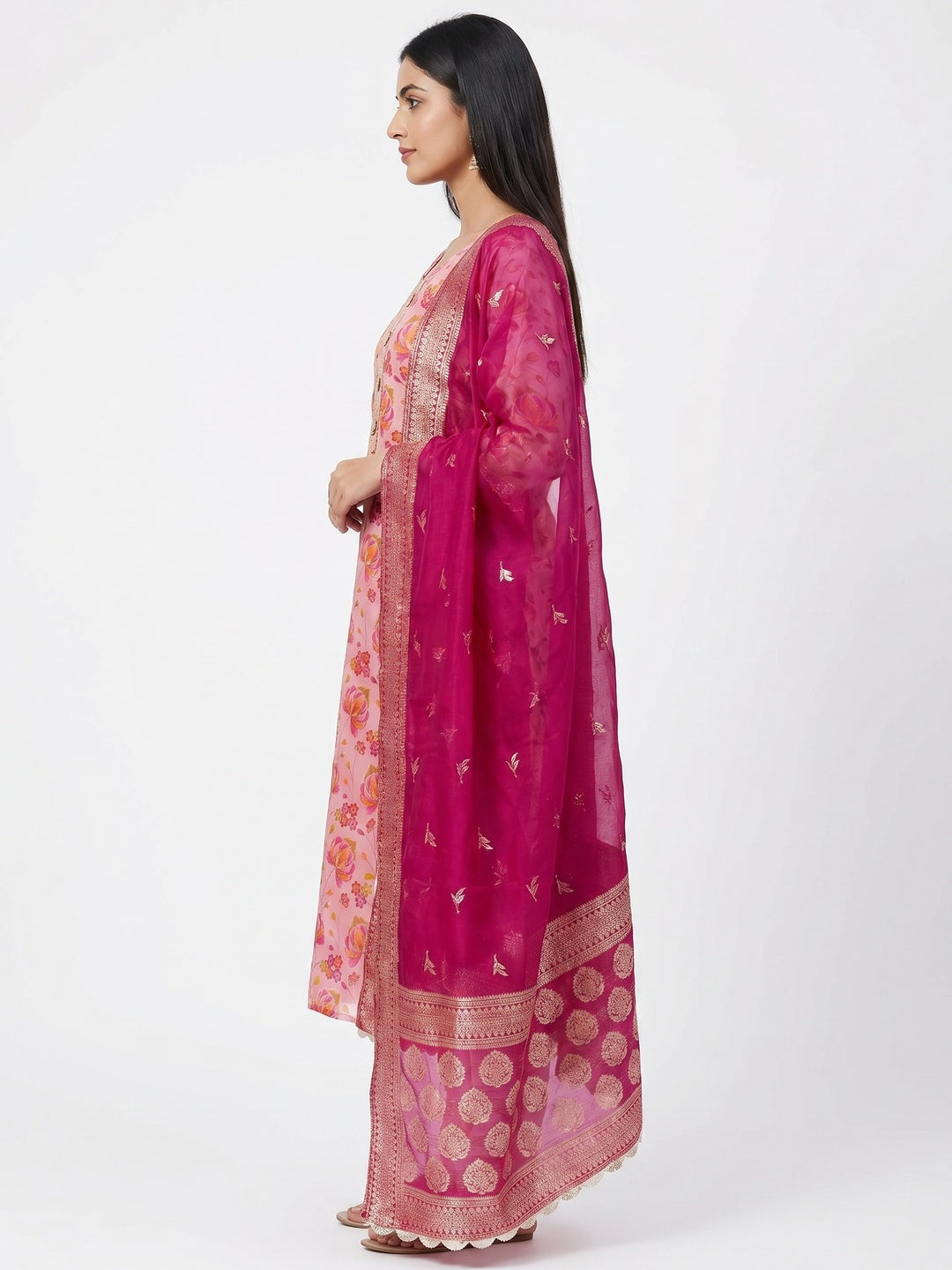 Pink Floral Printed Organza Dress Material - Image 2