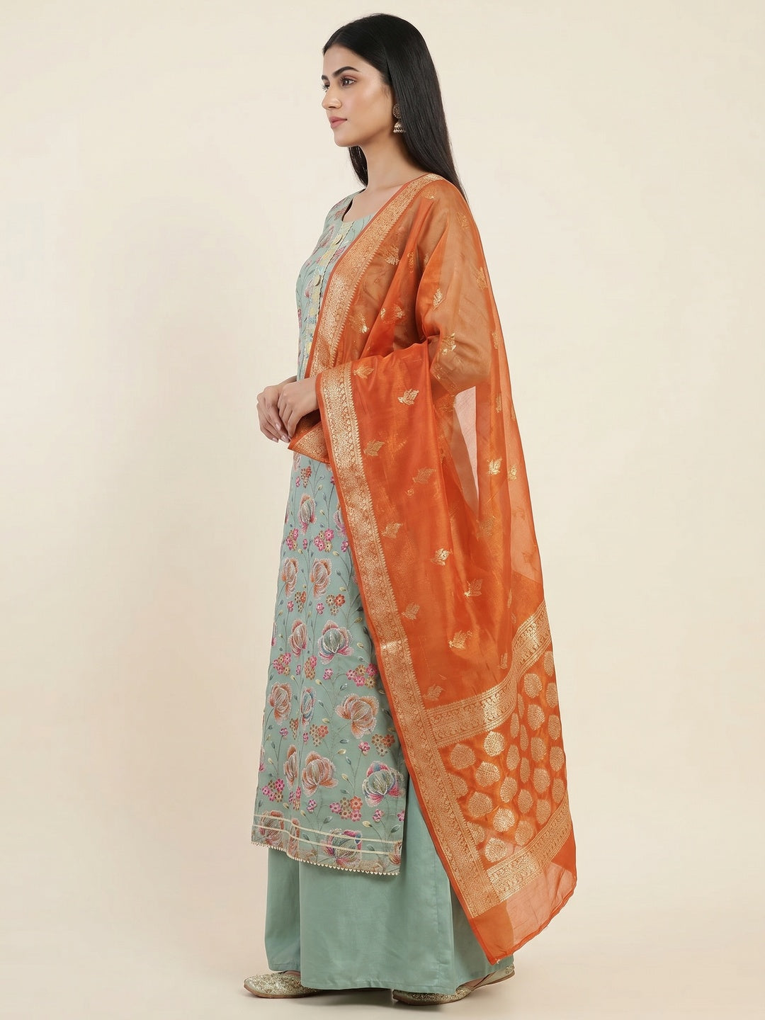 Sea Green Floral Printed Organza Dress Material - Image 3