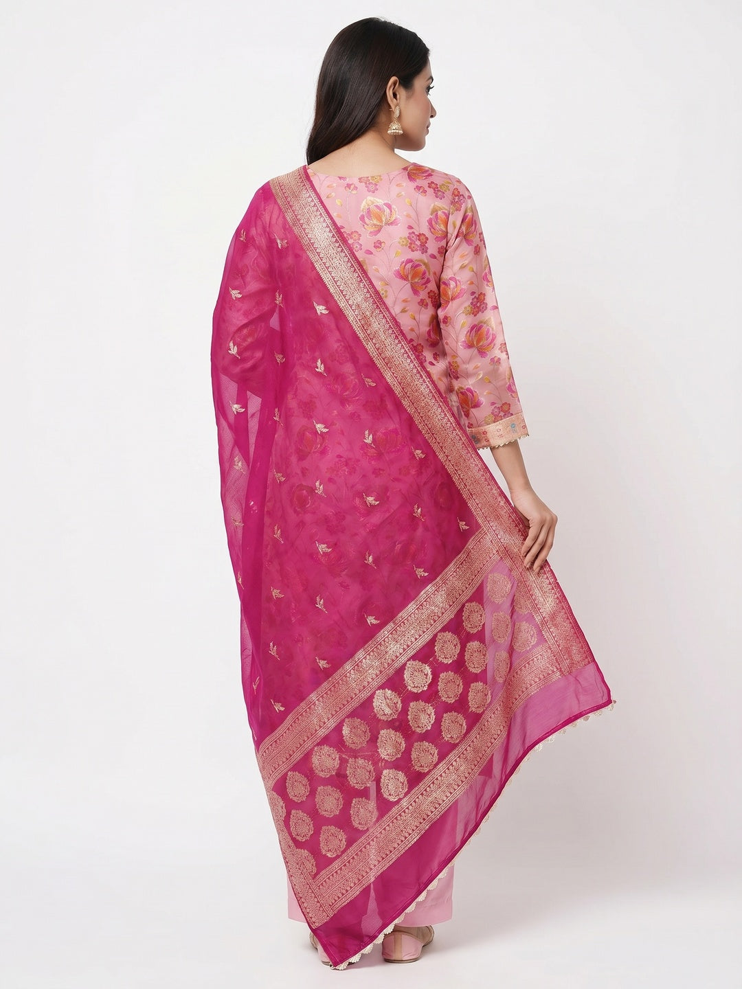 Pink Floral Printed Organza Dress Material - Image 3