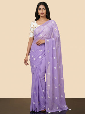 Lavender Floral Embroidered Georgette Saree - Image 1