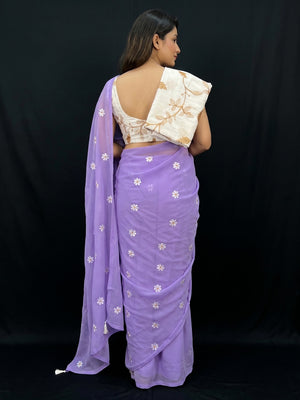 Lavender Floral Embroidered Georgette Saree - Image 2
