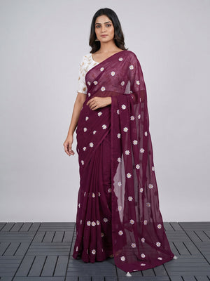 Wine Floral Embroidered Georgette Saree - Image 1