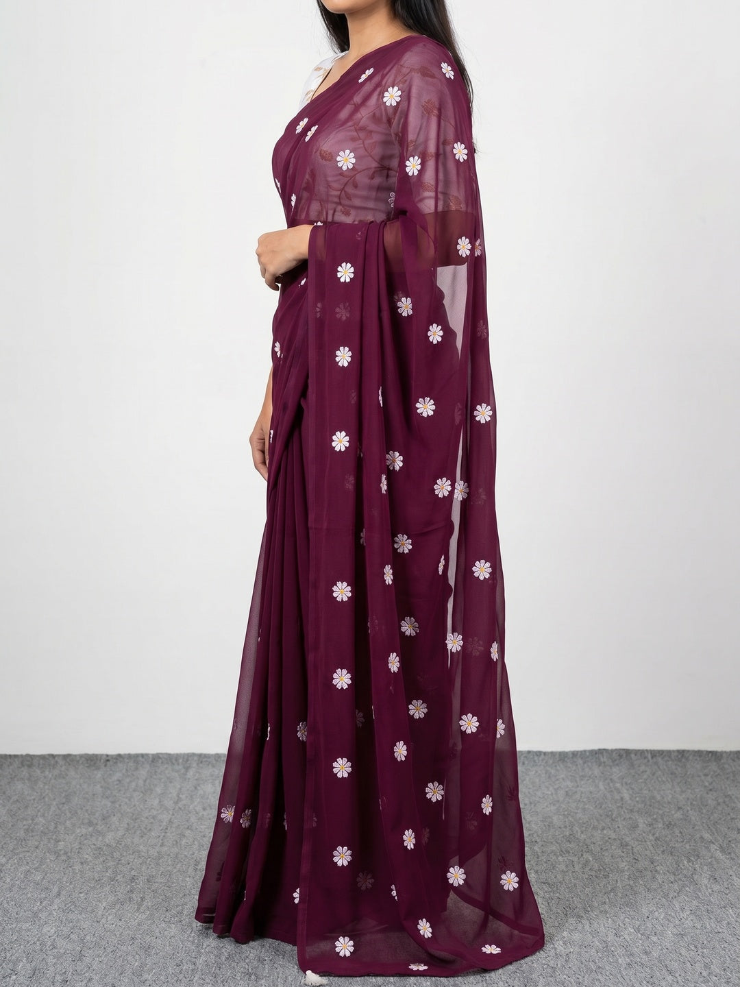 Wine Floral Embroidered Georgette Saree - Image 2