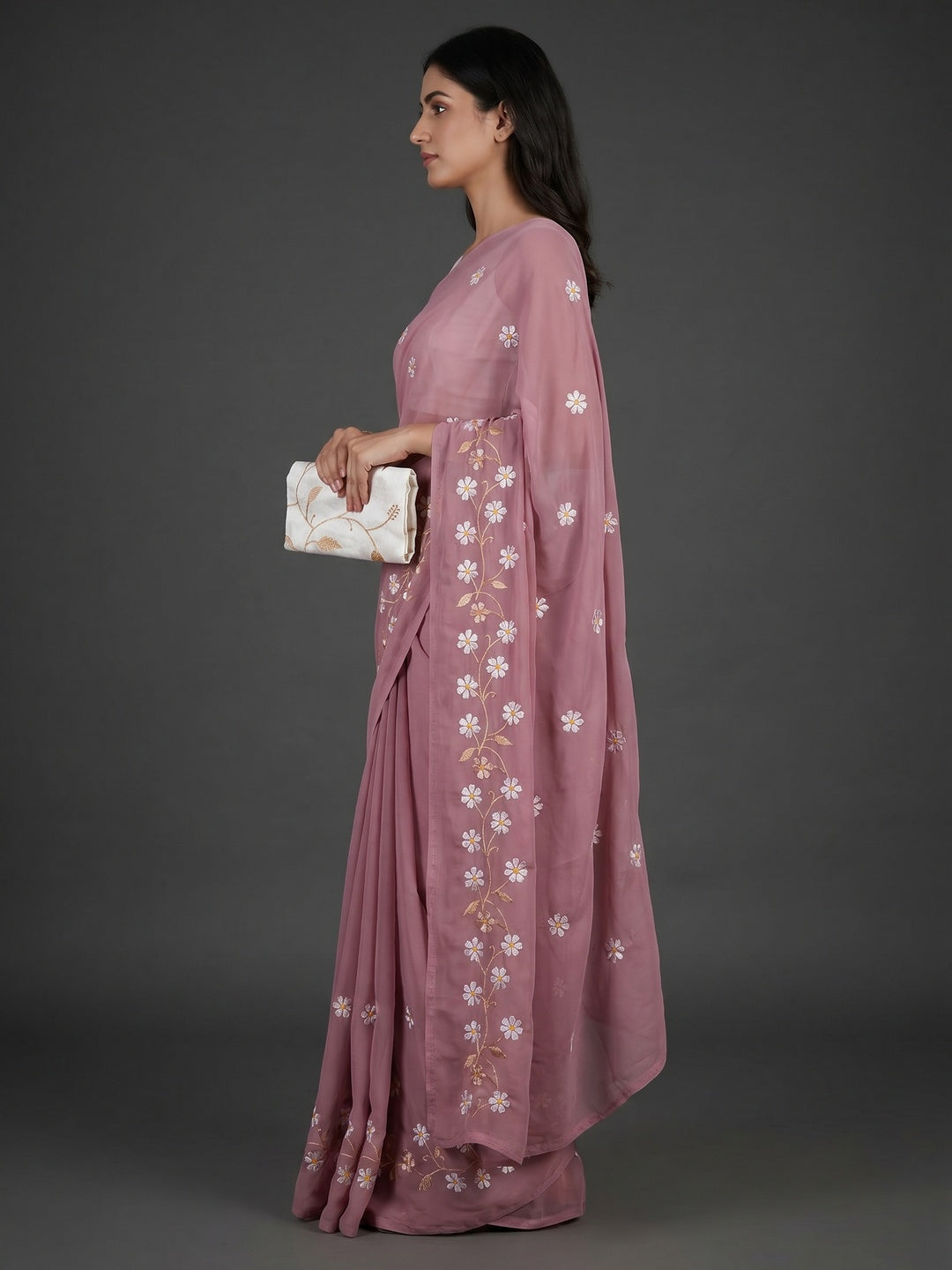 Dusty Pink Floral Embroidered Georgette Saree - Image 4