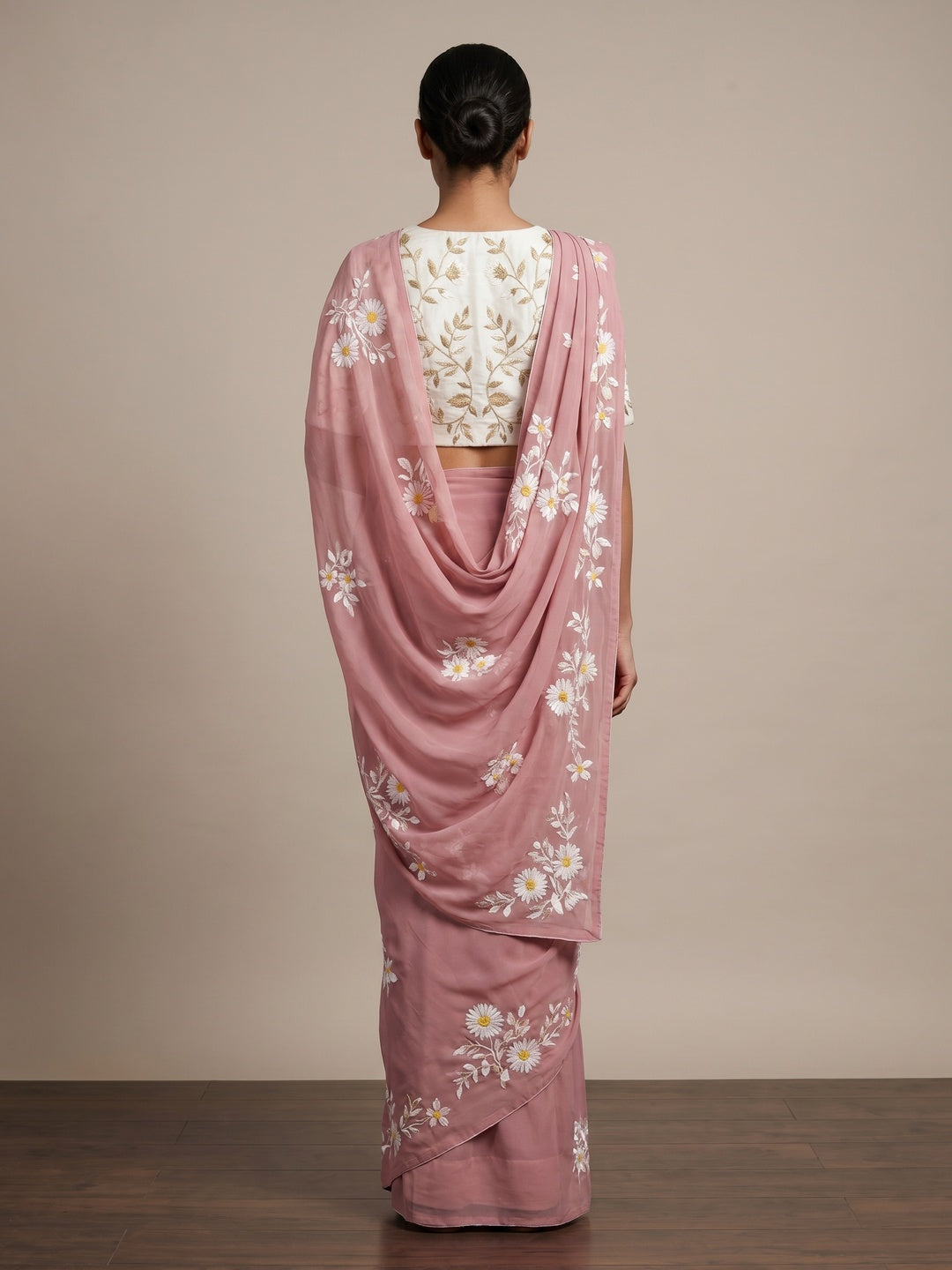 Dusty Pink Floral Embroidered Georgette Saree - Image 2