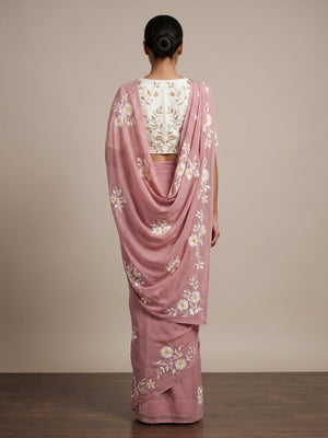 Dusty Pink Floral Embroidered Georgette Saree - Image 2