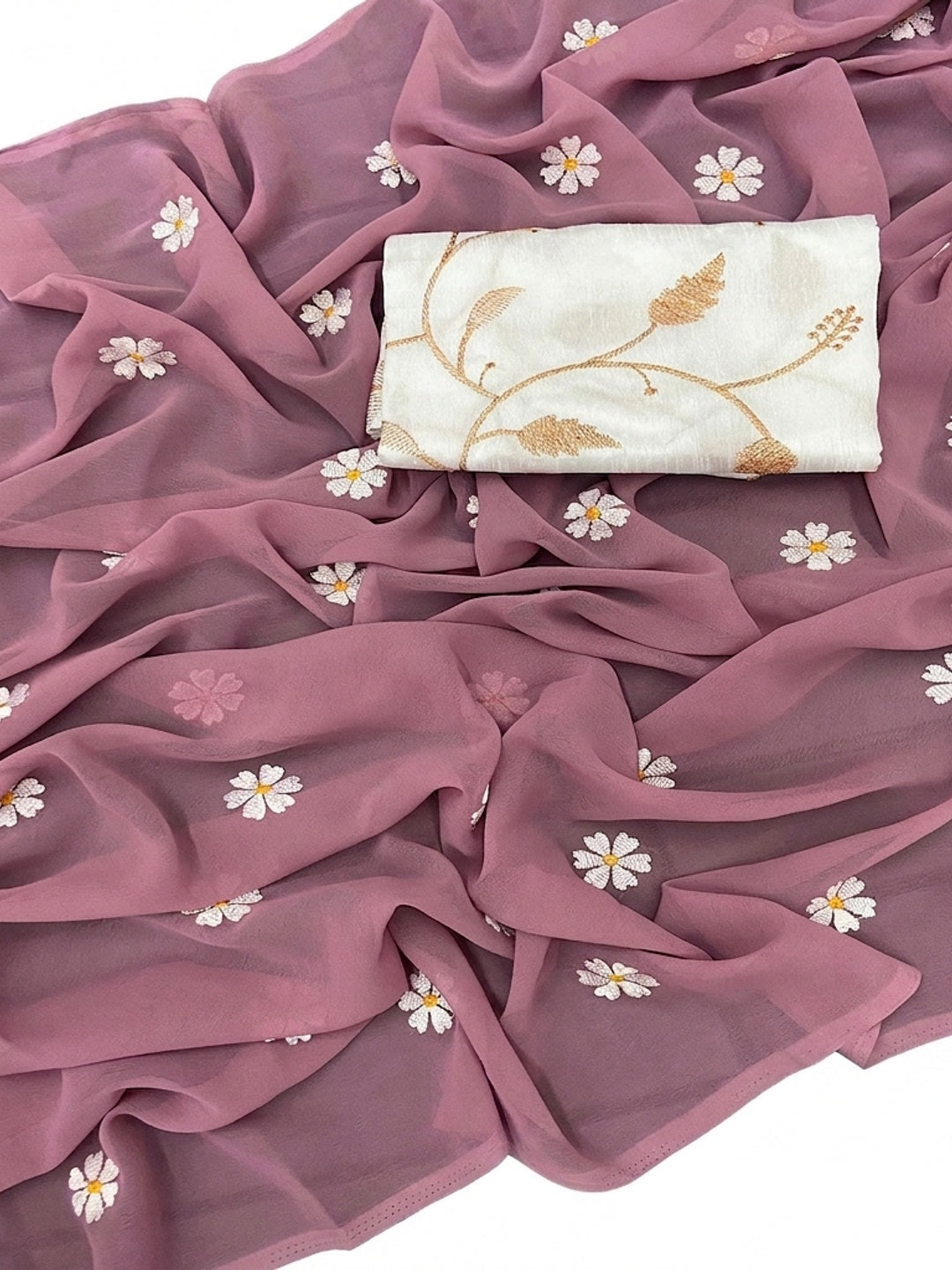 Dusty Pink Floral Embroidered Georgette Saree - Image 3