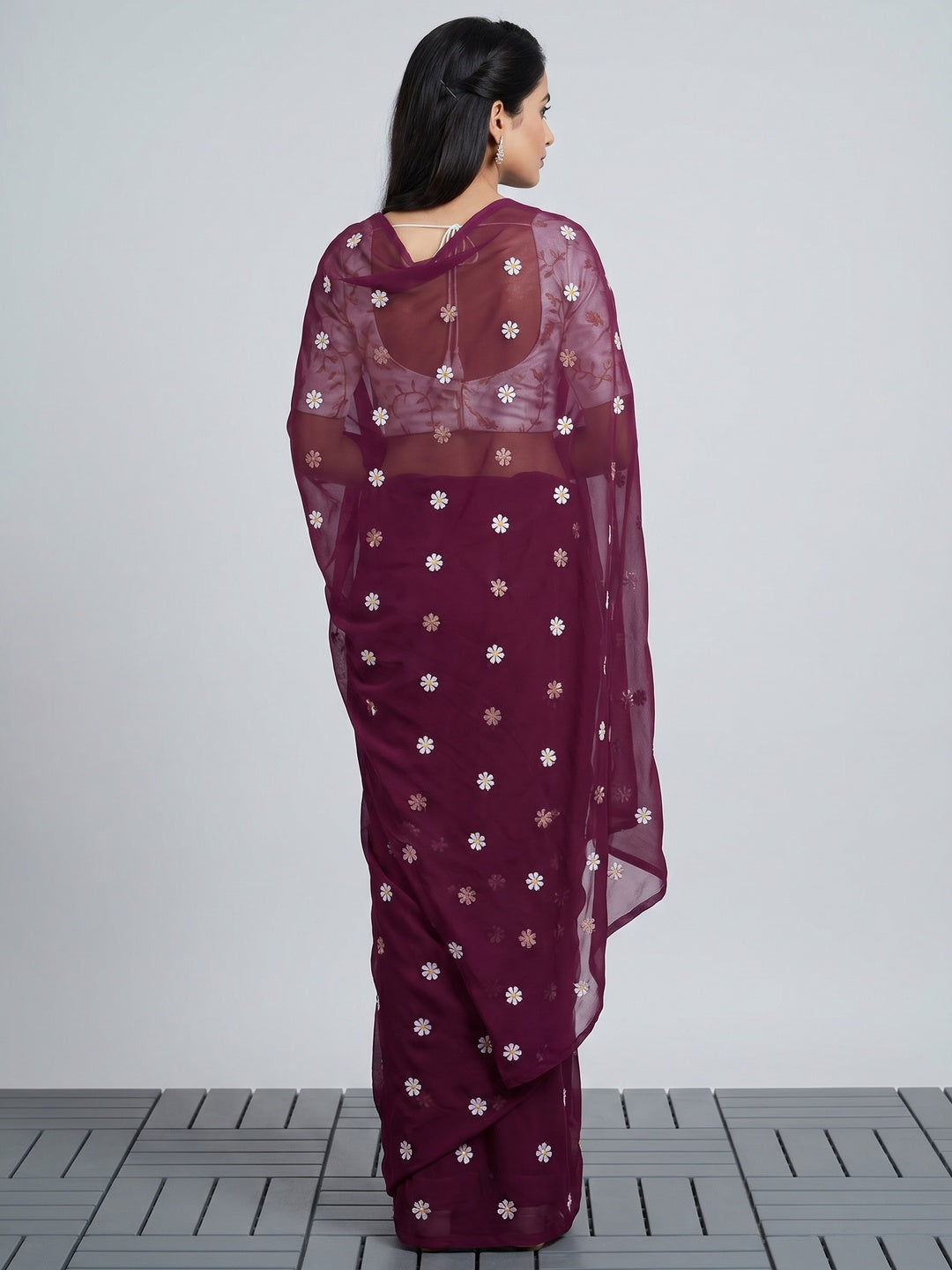 Wine Floral Embroidered Georgette Saree - Image 3