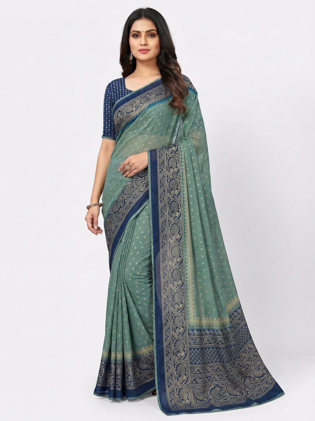 Dusty Green Foil Printed Georgette Saree - Image 1