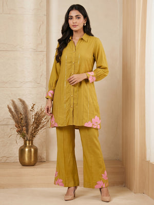 Mustard Viscose Blend Embroidered Top Bottom Set - Image 1