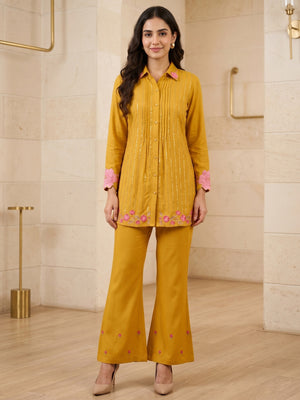 Mustard Viscose Blend Embroidered Top Bottom Set - Image 2