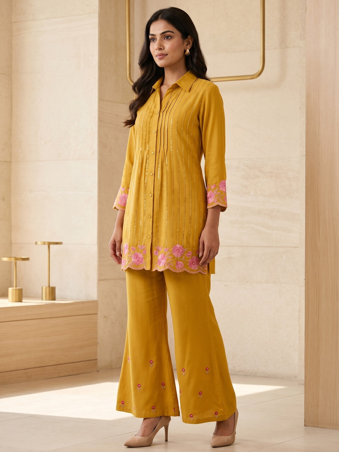 Mustard Viscose Blend Embroidered Top Bottom Set - Image 3