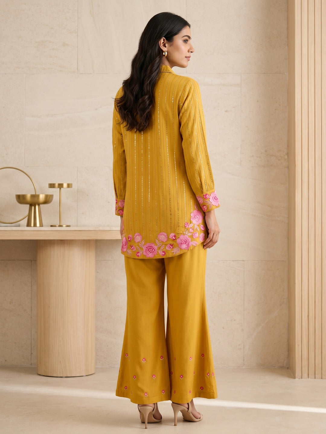 Mustard Viscose Blend Embroidered Top Bottom Set - Image 4