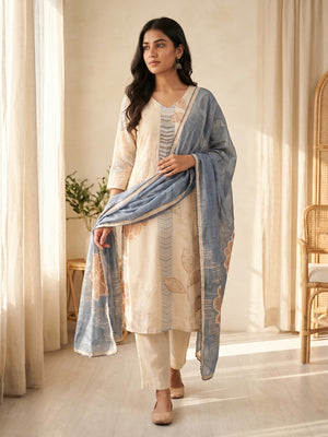 Cream Muslin Floral Printed Salwar Suit Set with Dupatta - Image 1