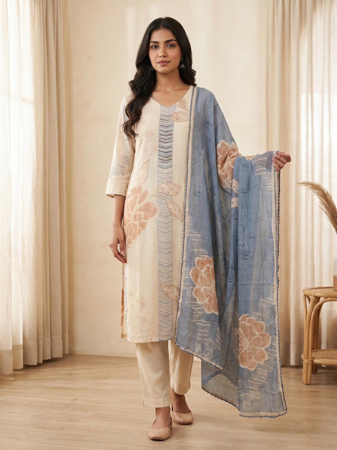 Cream Muslin Floral Printed Salwar Suit Set with Dupatta - Image 2