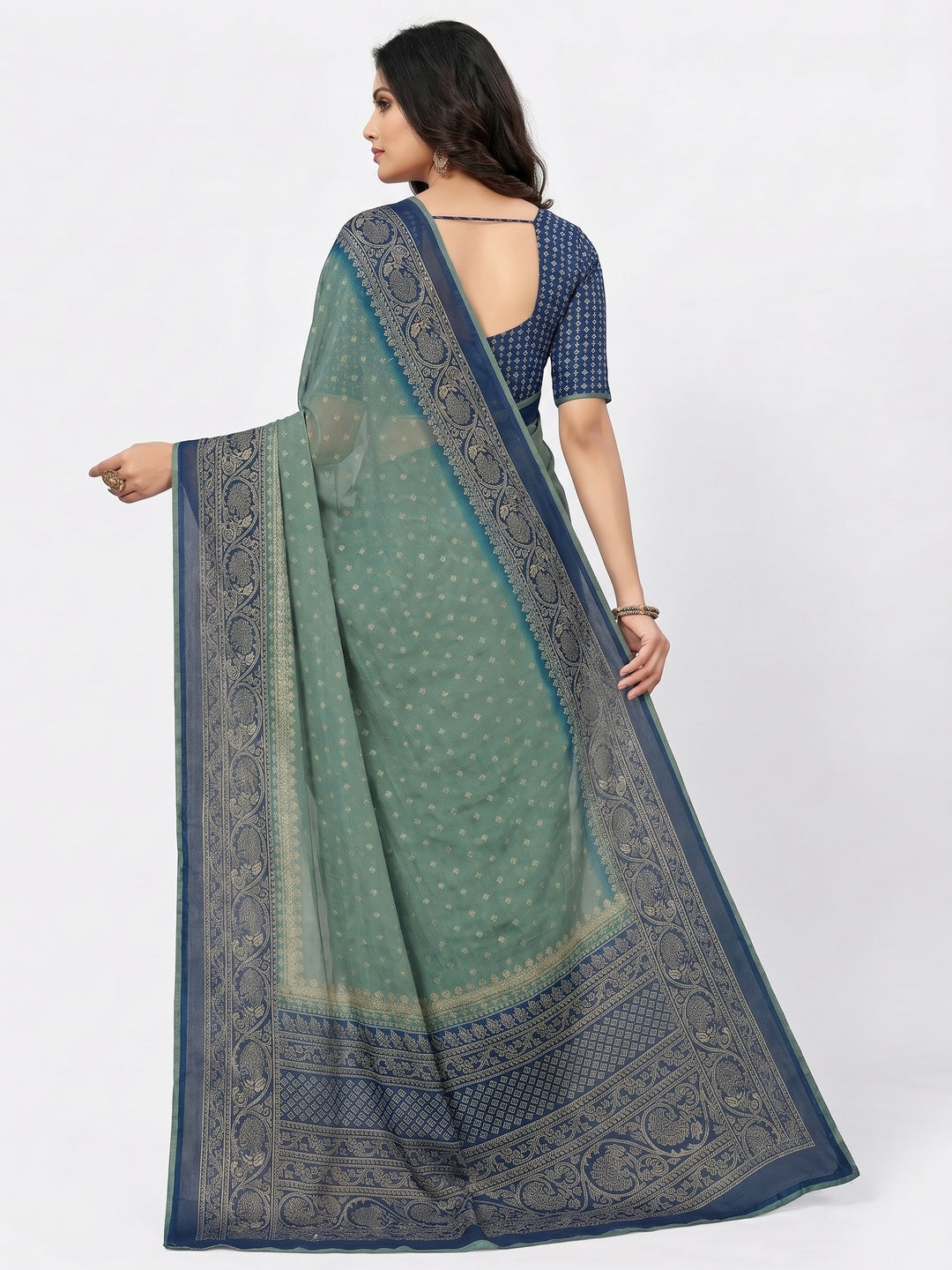 Dusty Green Foil Printed Georgette Saree - Image 2