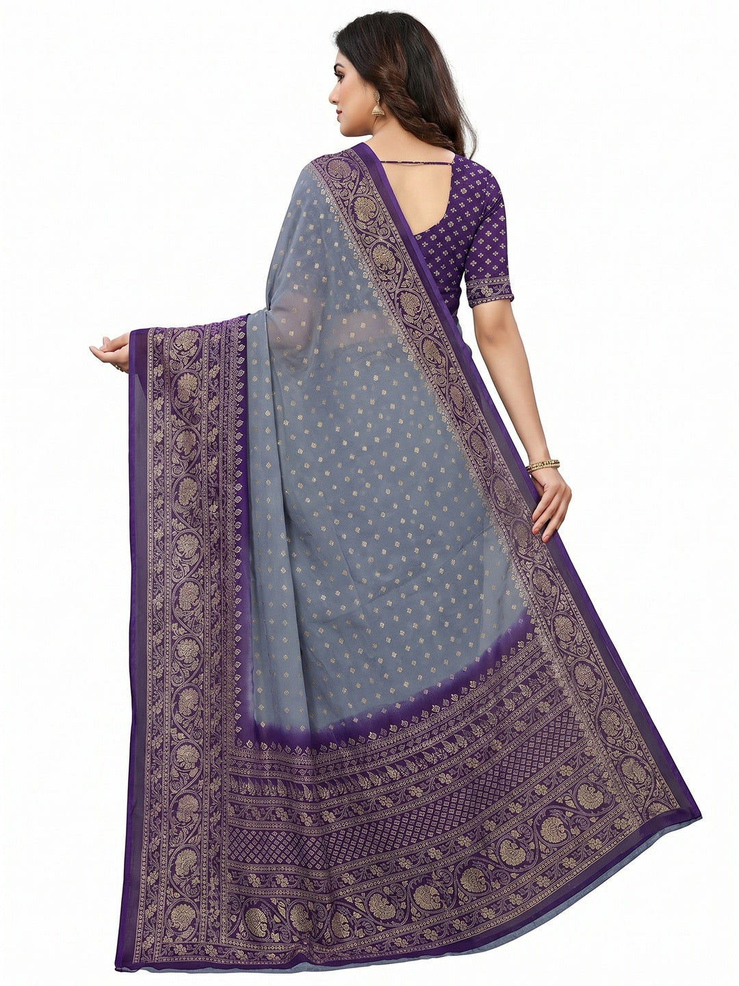 Grey Foil Printed Georgette Saree - Image 2