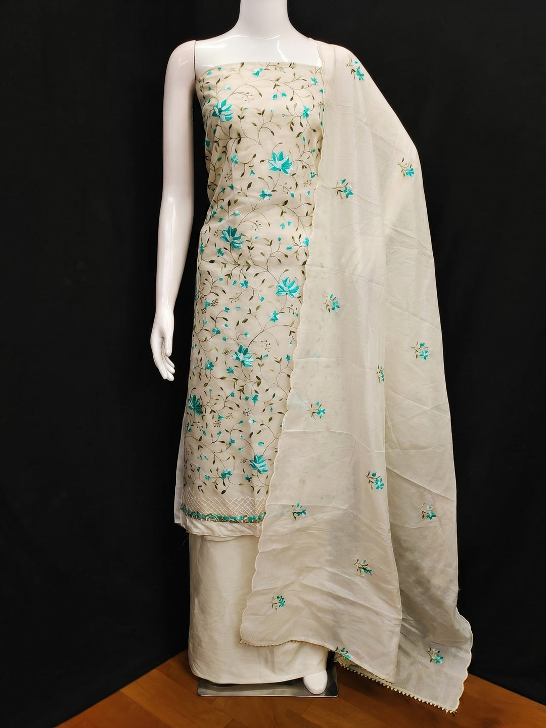 Off White & Turquoise Floral Embroidered Chanderi Silk Dress Material - Image 1