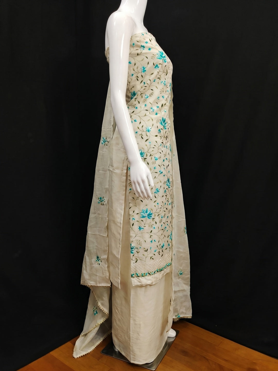 Off White & Turquoise Floral Embroidered Chanderi Silk Dress Material - Image 2
