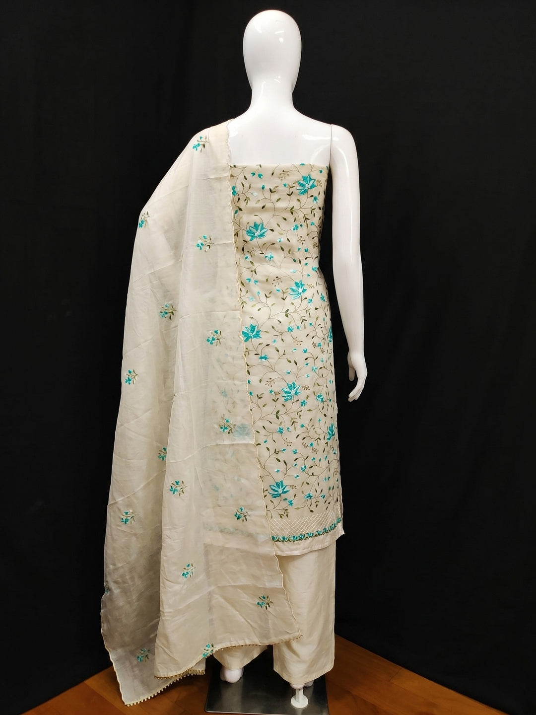 Off White & Turquoise Floral Embroidered Chanderi Silk Dress Material - Image 3