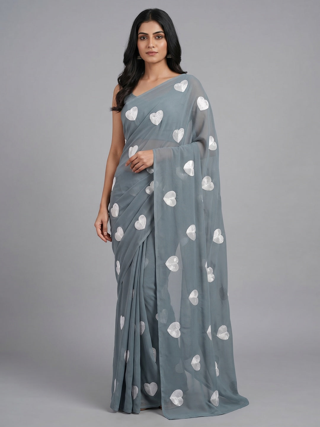 Grey Embroidered Georgette Saree - Image 1