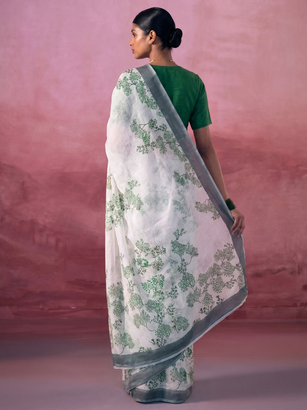 White & Green Floral Digital Printed Linen Saree with Zari Border - Image 2