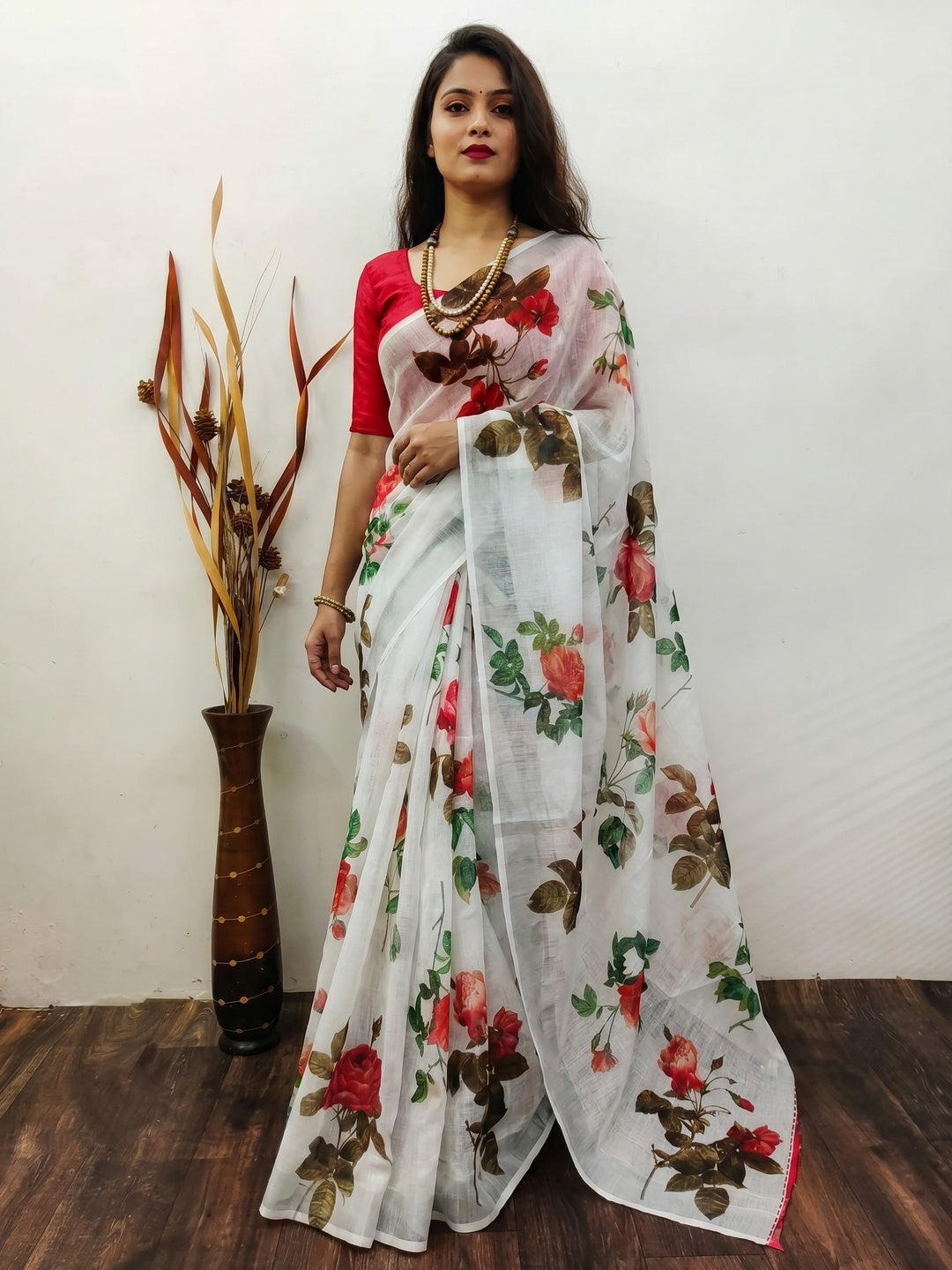 White Digital Printed Linen Saree with Zari Border - Image 1