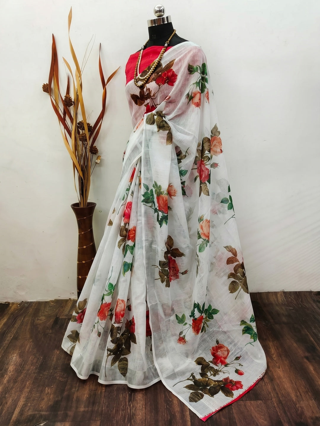 White Digital Printed Linen Saree with Zari Border - Image 3