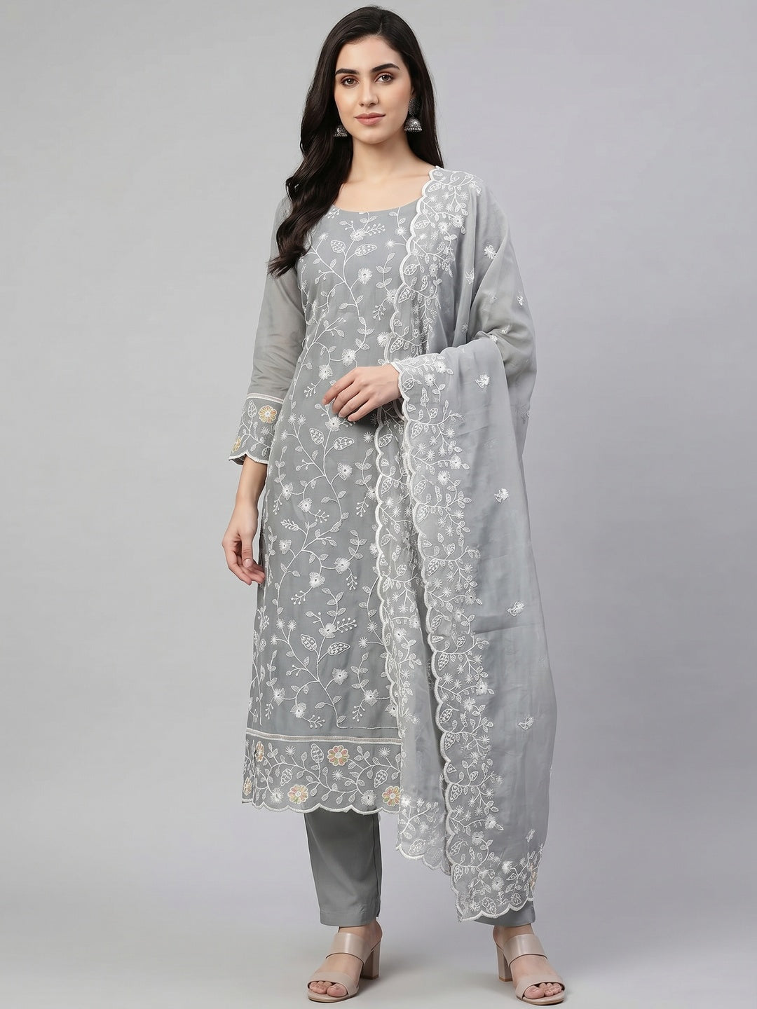 Grey Floral Embroidered Chanderi Dress Material - Image 1