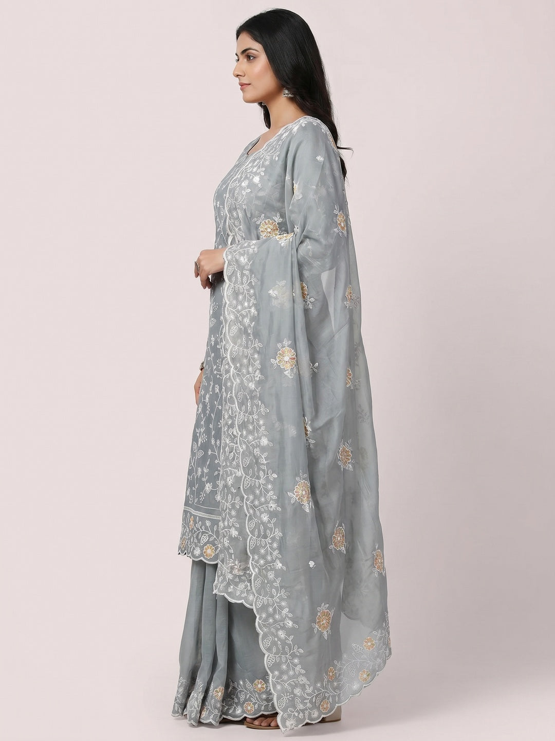 Grey Floral Embroidered Chanderi Dress Material - Image 2