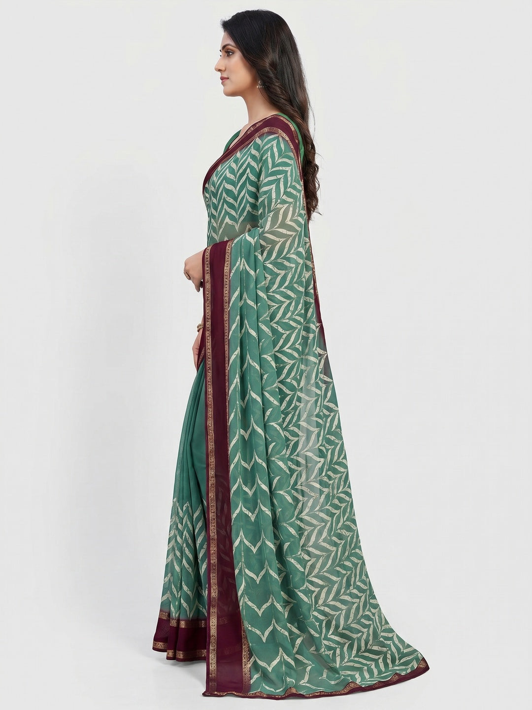 Sea Green Printed Georgette Saree - Image 3