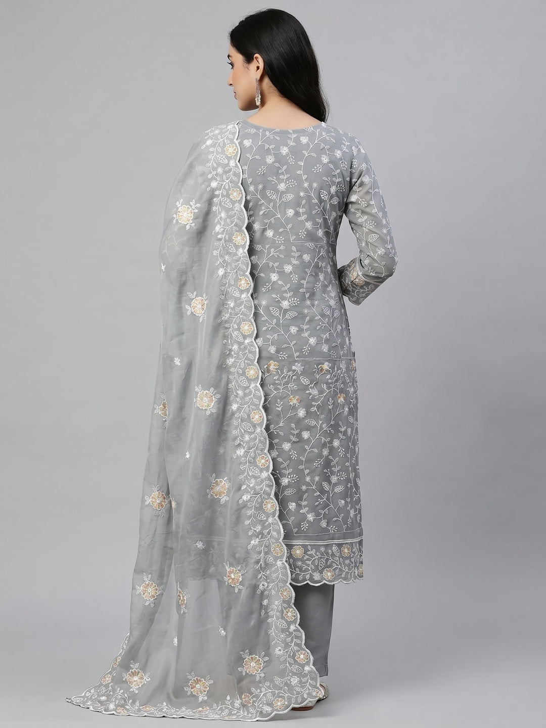 Grey Floral Embroidered Chanderi Dress Material - Image 3