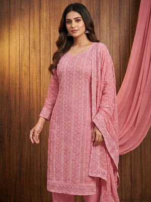 Pink Embroidered Georgette Dress Material - Image 1