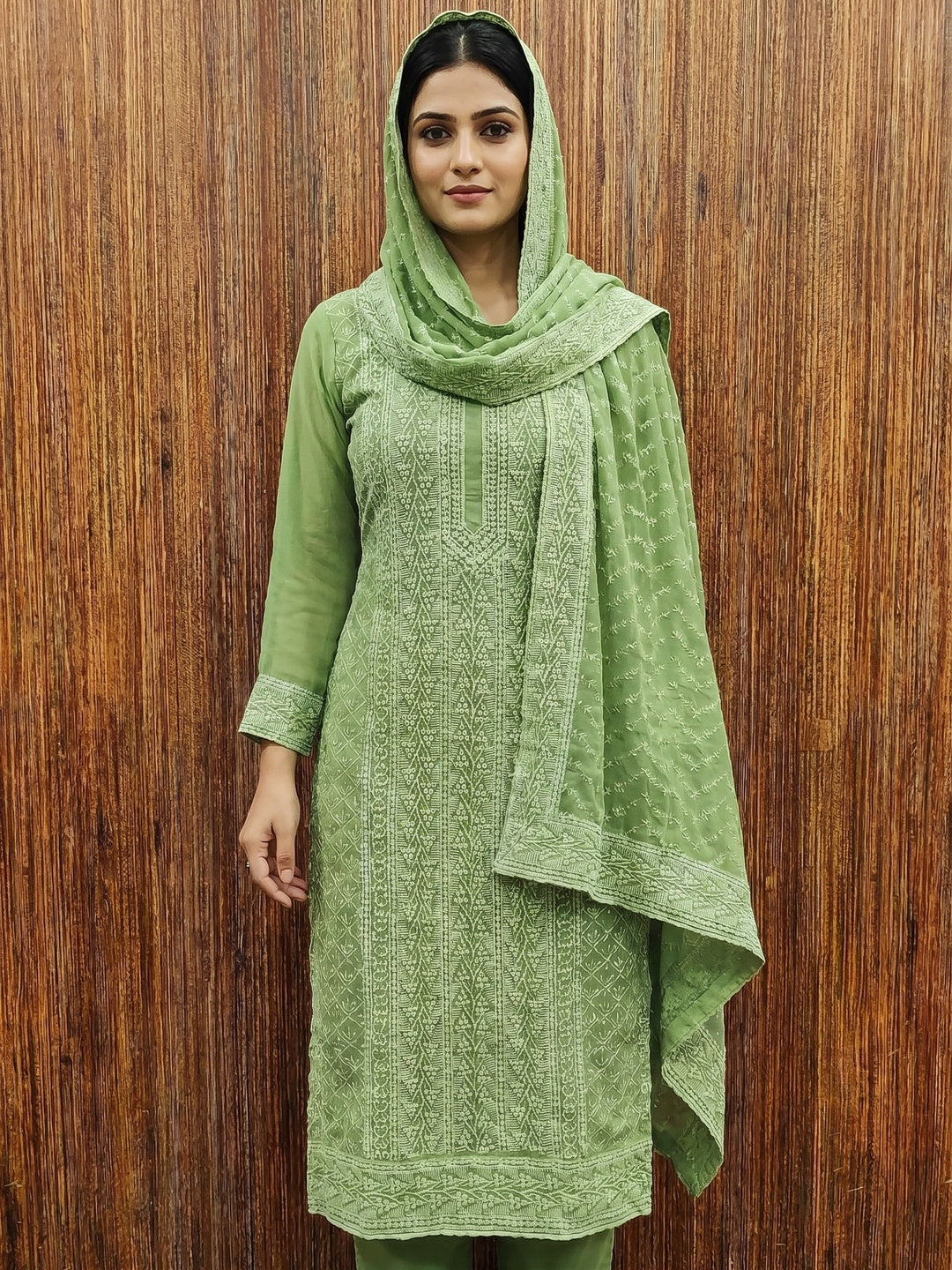 Green Embroidered Georgette Dress Material - Image 1