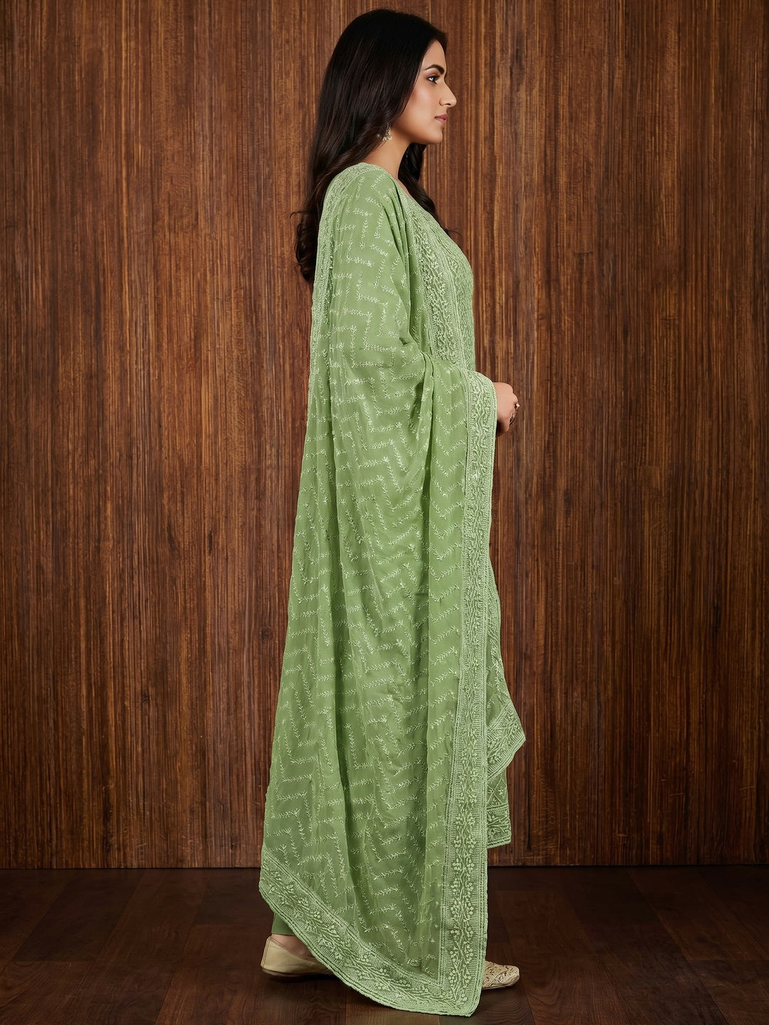 Green Embroidered Georgette Dress Material - Image 2