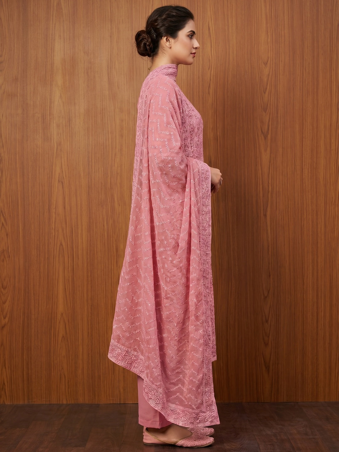 Pink Embroidered Georgette Dress Material - Image 2