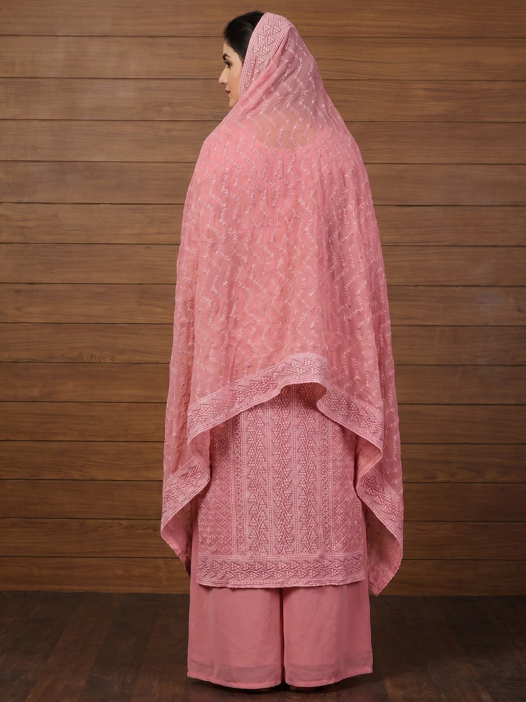 Pink Embroidered Georgette Dress Material - Image 3
