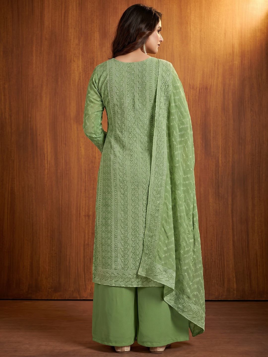 Green Embroidered Georgette Dress Material - Image 3