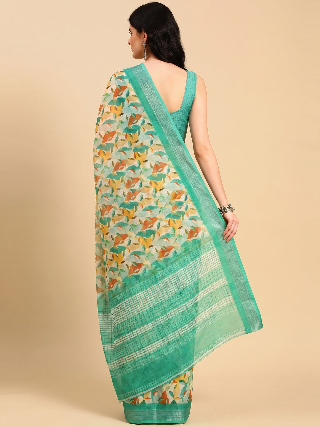 Multicolor Floral Digital Printed Linen Saree with Zari Border - Image 2