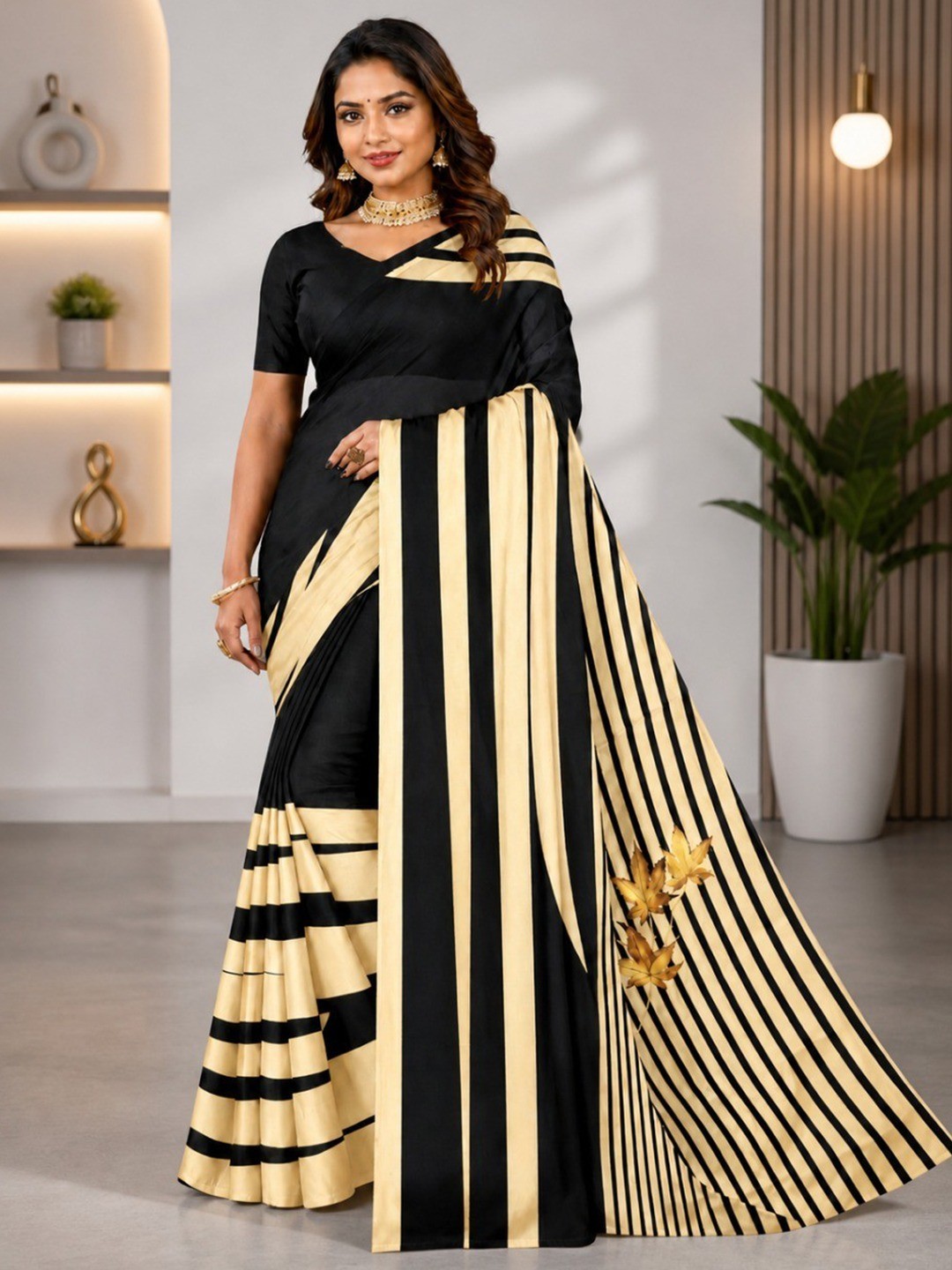 Opulent Black & Gold Striped Digital Printed Satin Saree - Image 1