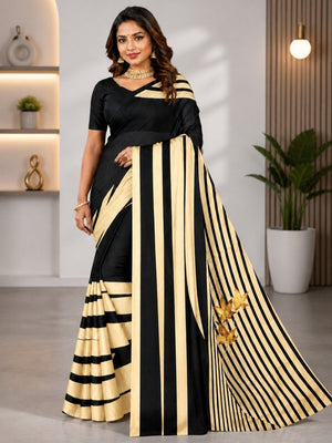 Opulent Black & Gold Striped Digital Printed Satin Saree - Image 1