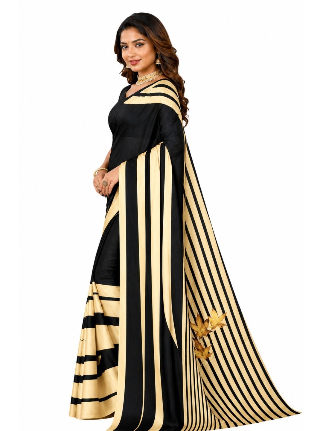 Opulent Black & Gold Striped Digital Printed Satin Saree - Image 2