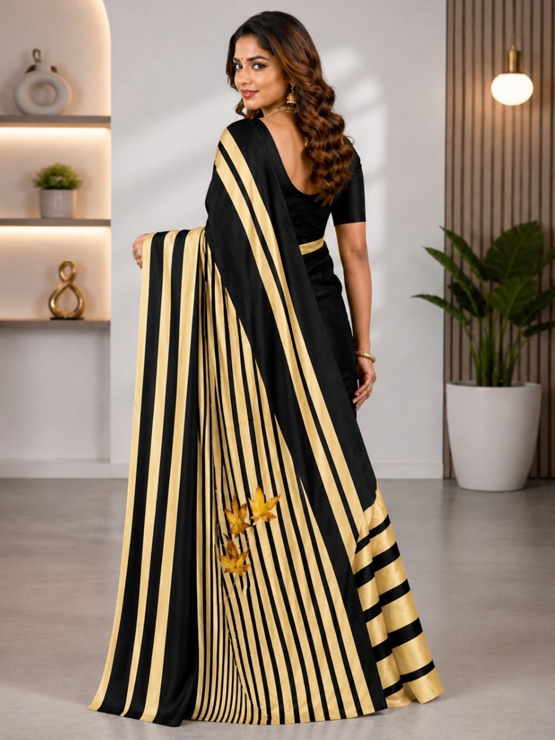 Opulent Black & Gold Striped Digital Printed Satin Saree - Image 3