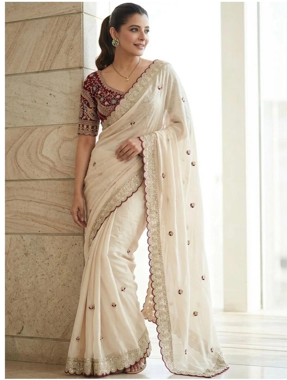 Peachmode Cream Rangoli Silk Saree with Sequins Embroidery - Image 1